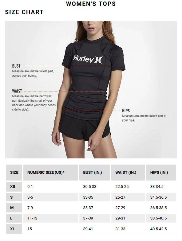 HURLEY WOMENS TOP 24 0 Grentabelle